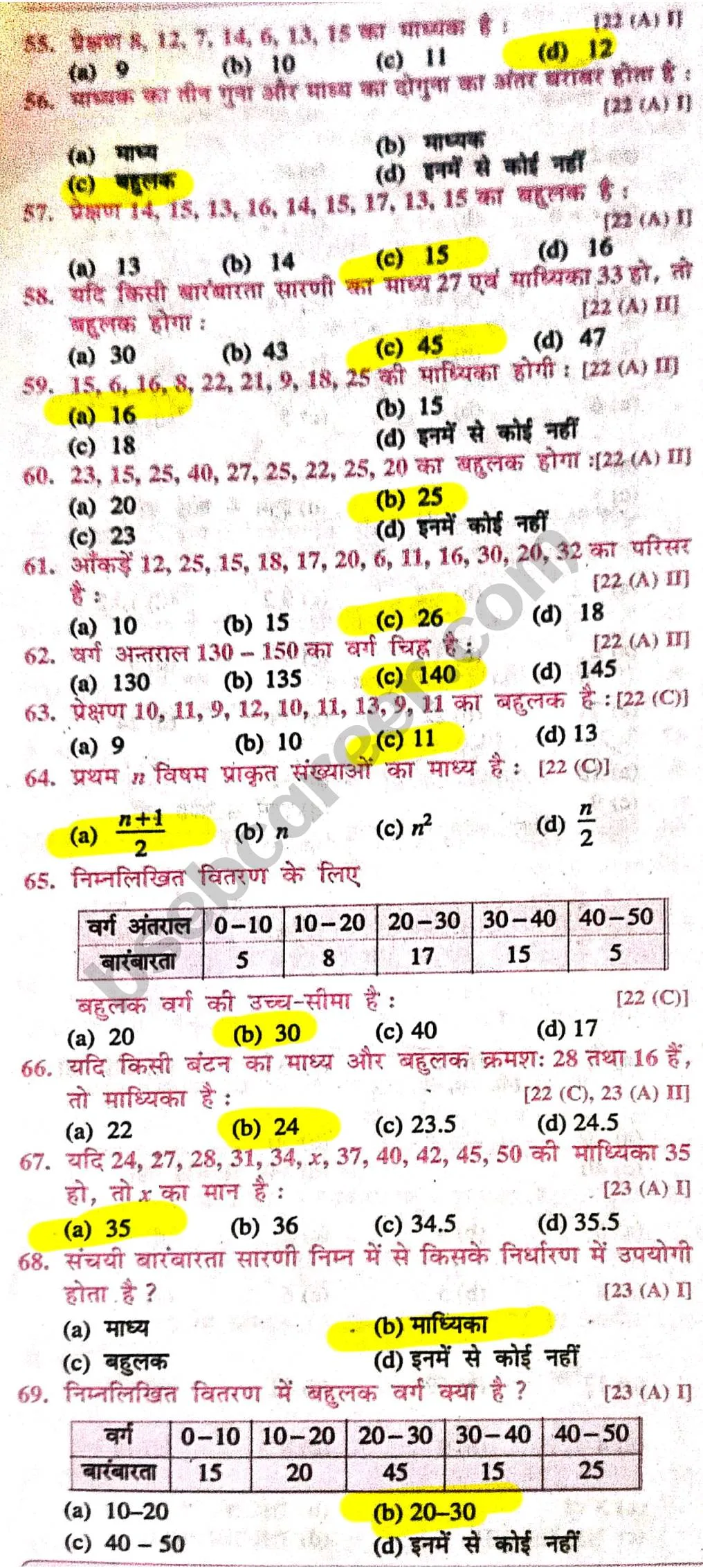 Class 10th Maths Chapter 14 MCQ In Hindi